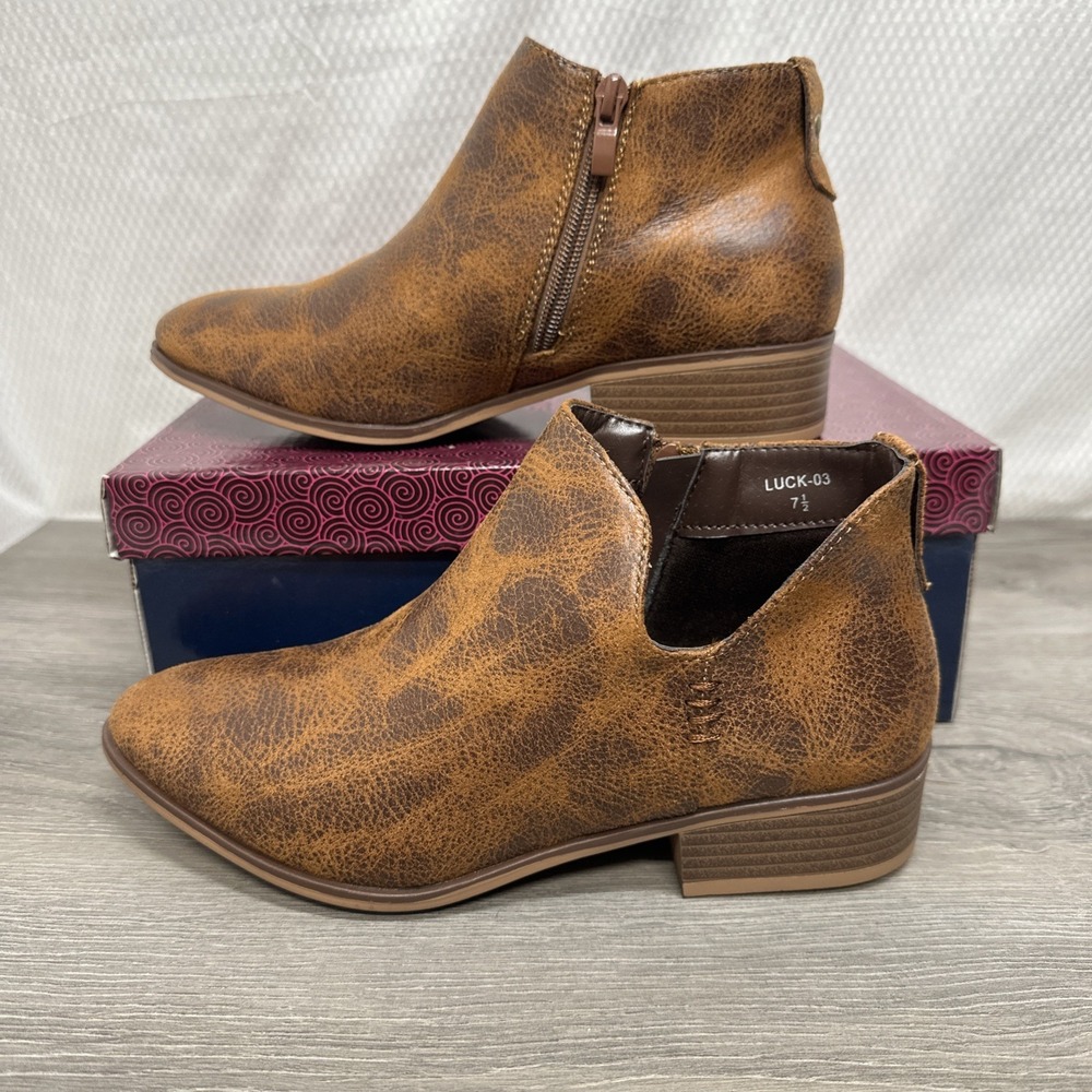 Brown Ankle Booties Women 7.5 Brown Boots Distressed Side Zip Boho Faux